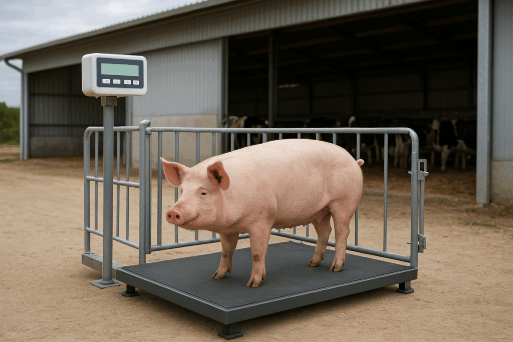 Nowoczesna waga inwentarzowa klatkowa z cyfrowym wyświetlaczem podczas ważenia tucznika przed chlewnią.