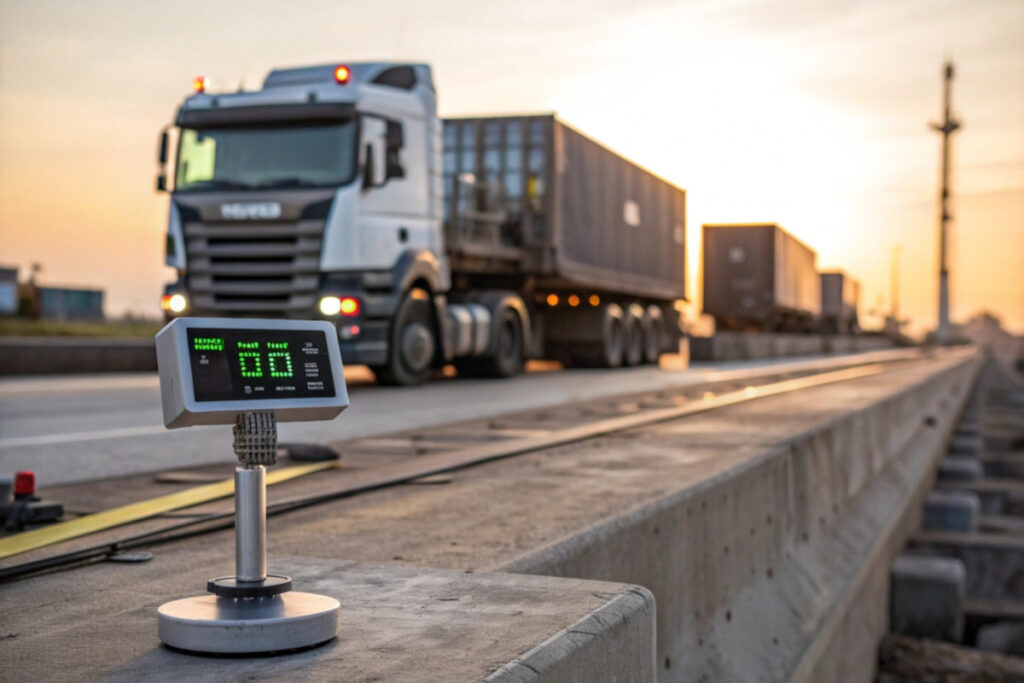 Zbliżenie na nowoczesny cyfrowy miernik wagowy na tle ciężarówki wjeżdżającej na betonowy pomost, obrazujące efekt modernizacji wagi przemysłowej.