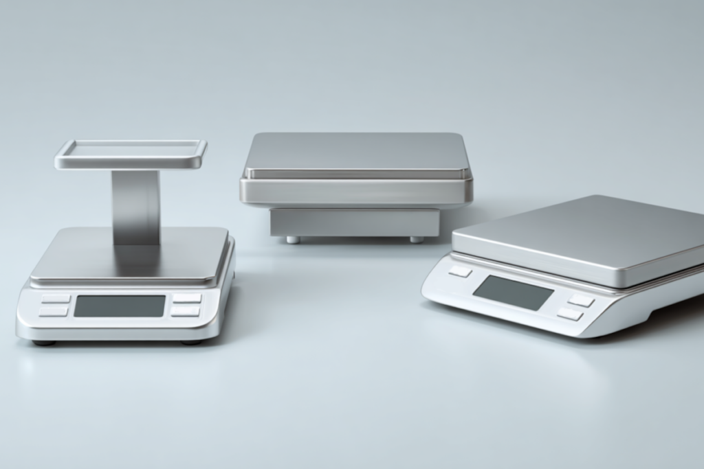 Trzy srebrne wagi elektroniczne o różnej konstrukcji na jasnym tle: waga precyzyjna z wysięgnikiem, waga platformowa oraz waga kompaktowa, ilustrujące różnorodność urządzeń pomiarowych.