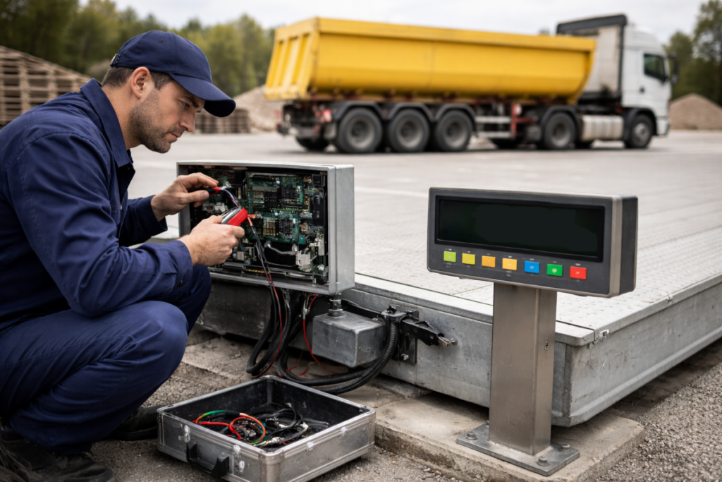 Serwis i naprawa wag Elbląg – technik w niebieskim kombinezonie diagnozuje elektronikę wagi samochodowej za pomocą miernika.